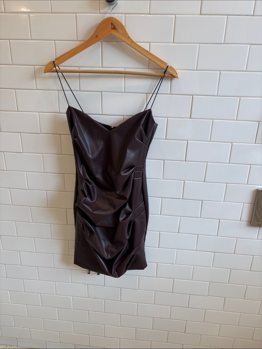 Nookie Dark Brown Faux Leather Ruched Mini Dress